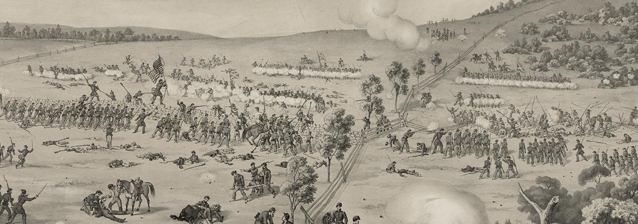 Soldiers fighting in the distance at the South Mountain Battle