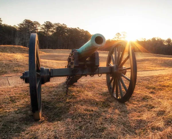 Two cannons at sunset at the Petersburg Breakthrough Battlefield, Va.