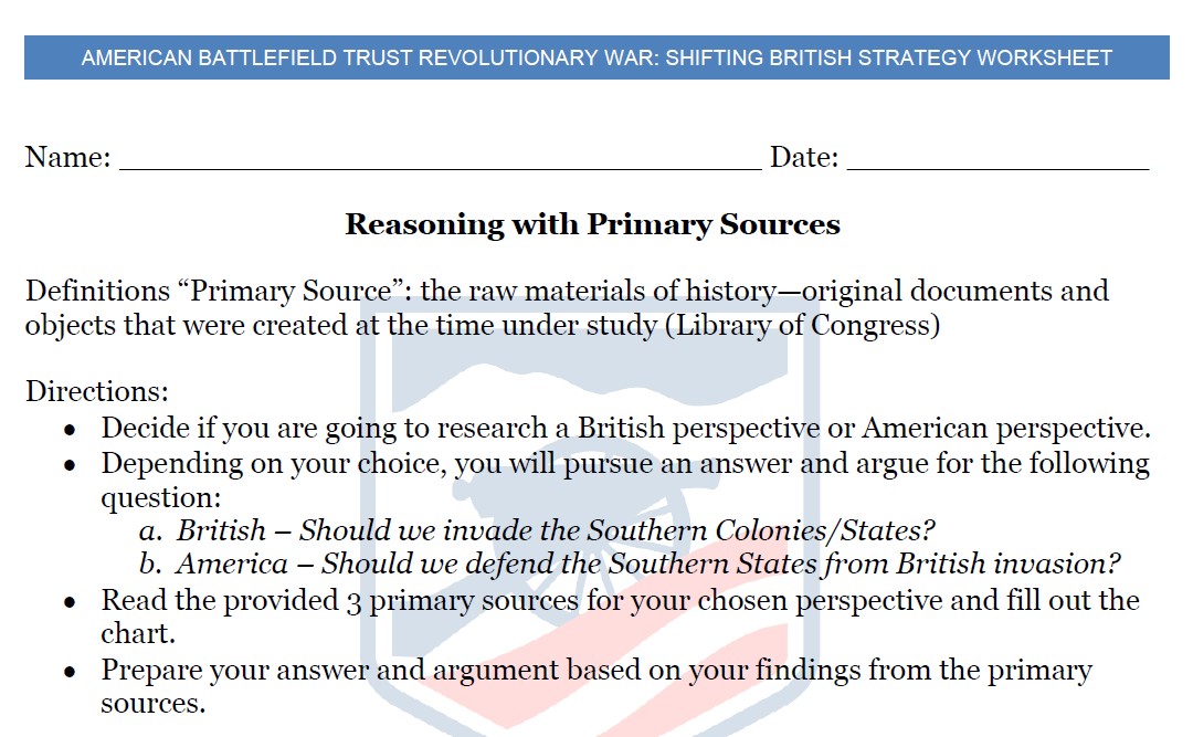 Shifting British Strategy Lesson Plan Worksheet