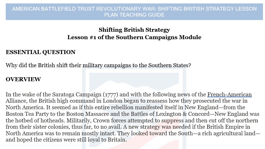 Shifting British Strategy Lesson Plan Teaching Guide