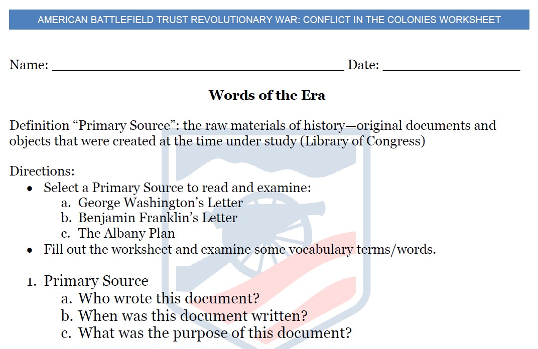 Conflict in the Colonies Lesson Plan Worksheet