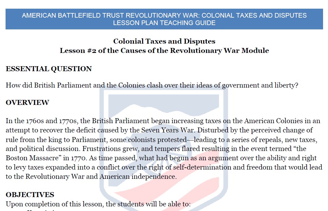 Colonial Taxes and Disputes Lesson Plan Teaching Guide