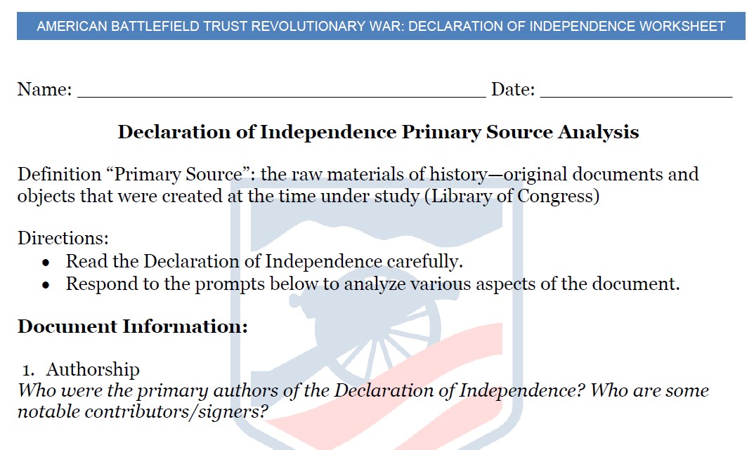 Declaration of Independence Lesson Plan Worksheet