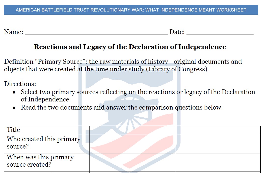 What Independence Meant Lesson Plan Worksheet