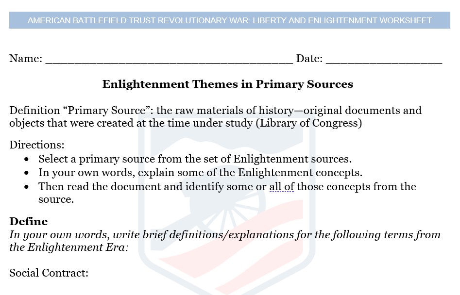 Liberty and The Age of Enlightenment Lesson Plan Worksheet