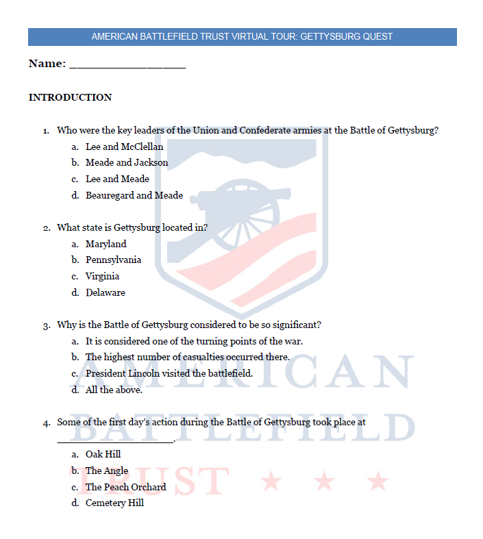 Gettysburg Virtual Field Trip Questions and Answers Worksheet