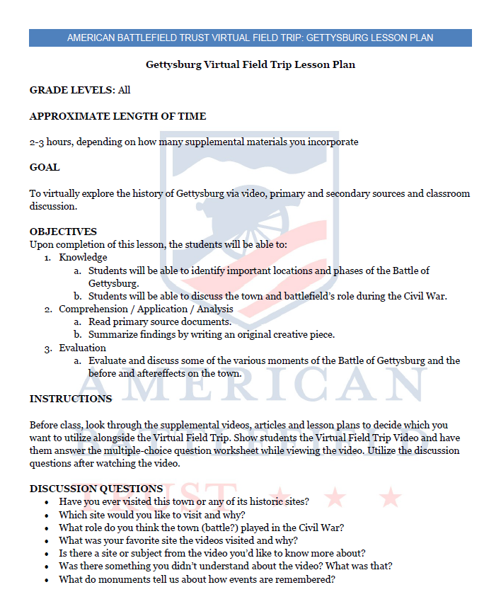 Gettysburg Virtual Field Trip Lesson Plan Guide