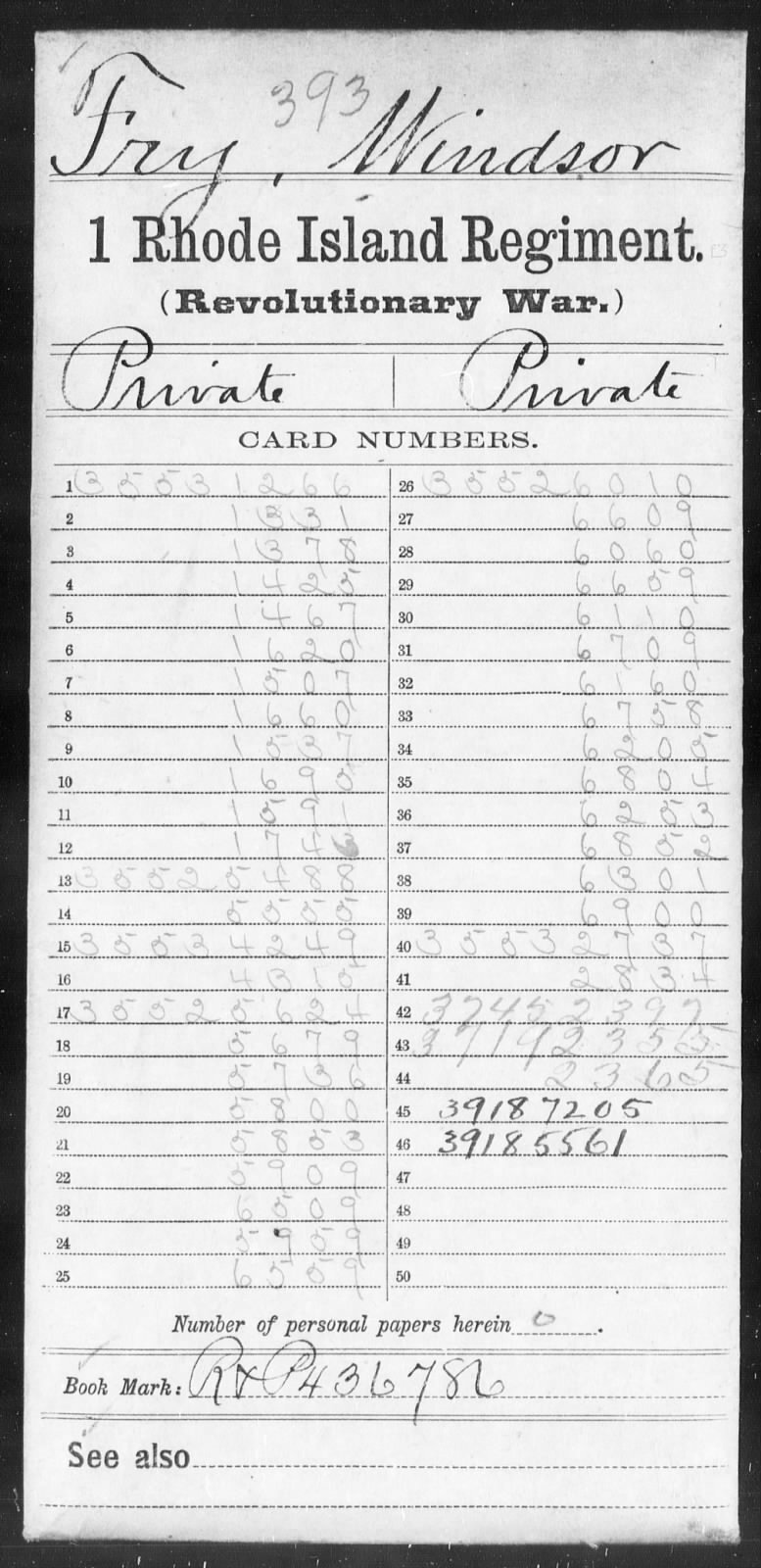 Enlistment card, Winsor Fry