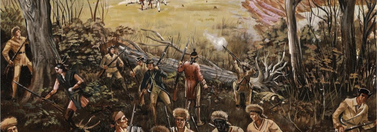 Painting of American Revolution soldiers in the foreground and a wooden fort in the background. 