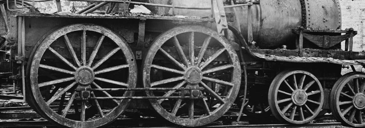 Black and white photograph a a damaged locomotive