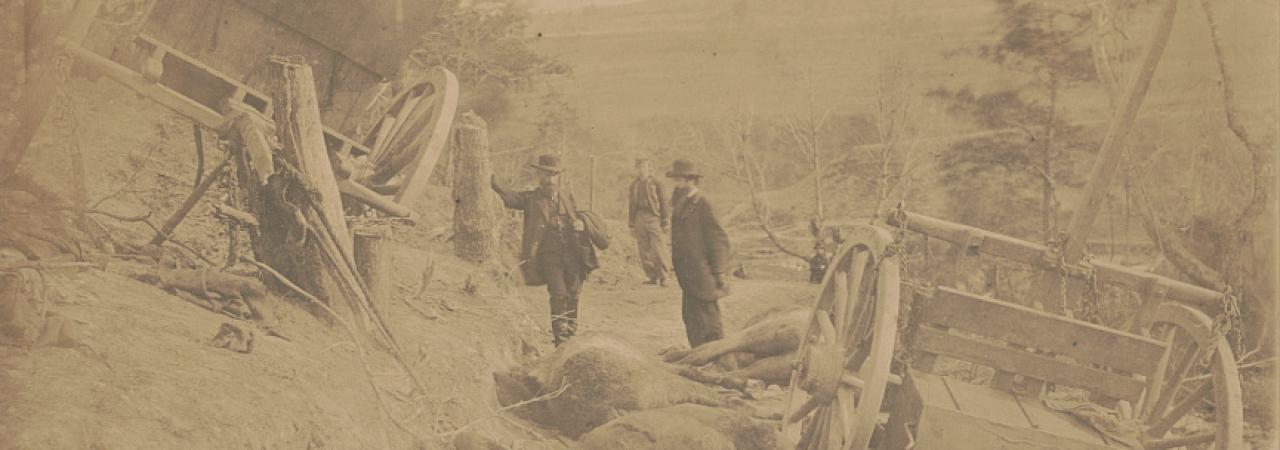 General Herman Haupt and W.W. Wright at the scene of the destruction of Confederate caissons where eight horses were killed at the Second Battle of Fredericksburg