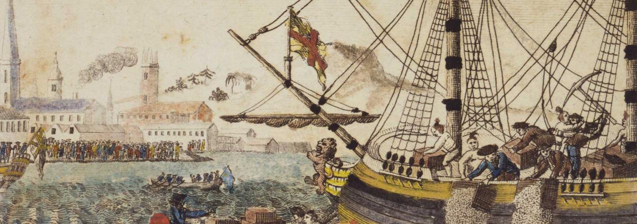 “Boston Tea Party;” by W.W. Cooper.  Engraving in The History of North America, 1789.