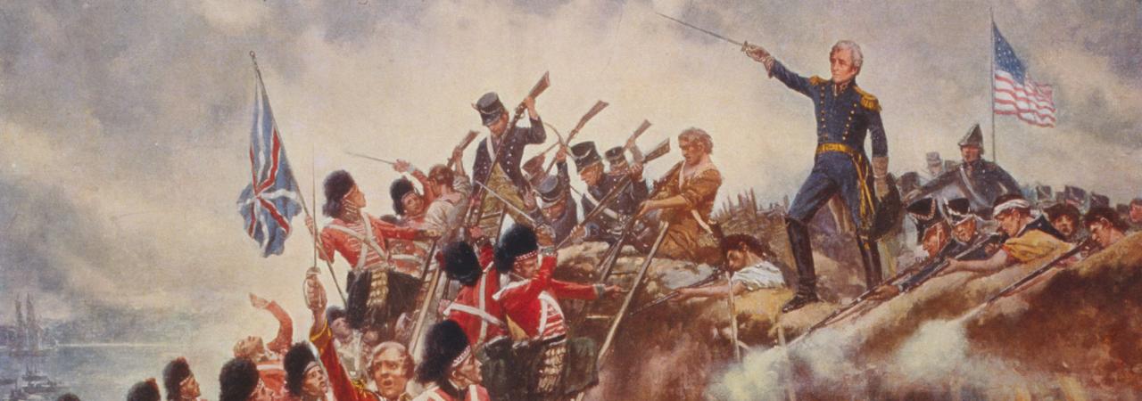 Painting of the Battle of New Orleans shows Andrew Jackson standing in front of American flag with sword raised.