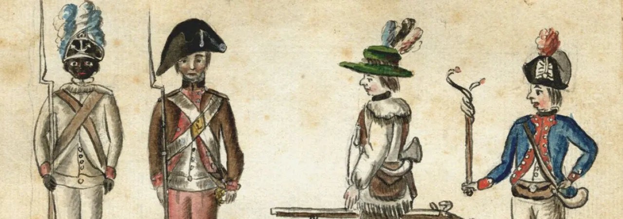 This watercolor depicts an African-American soldier of the Rhode Island Regiment, and three other soldiers in American uniforms.