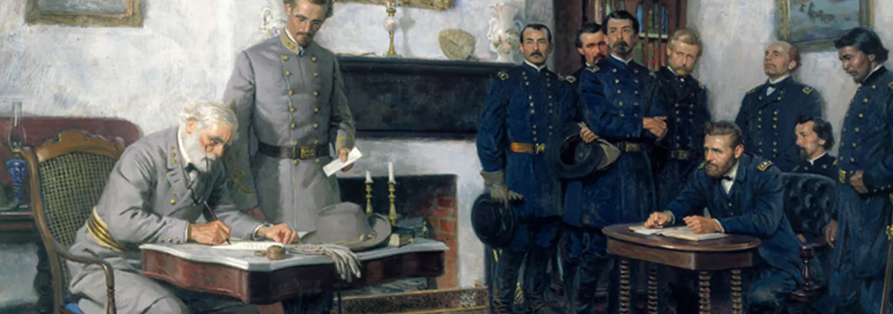 This painting portrays Lee's surrender at Appomattox Court House.