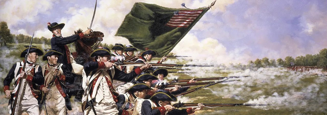 This painting depicts soldiers firing in a line at the Battle of Long Island.