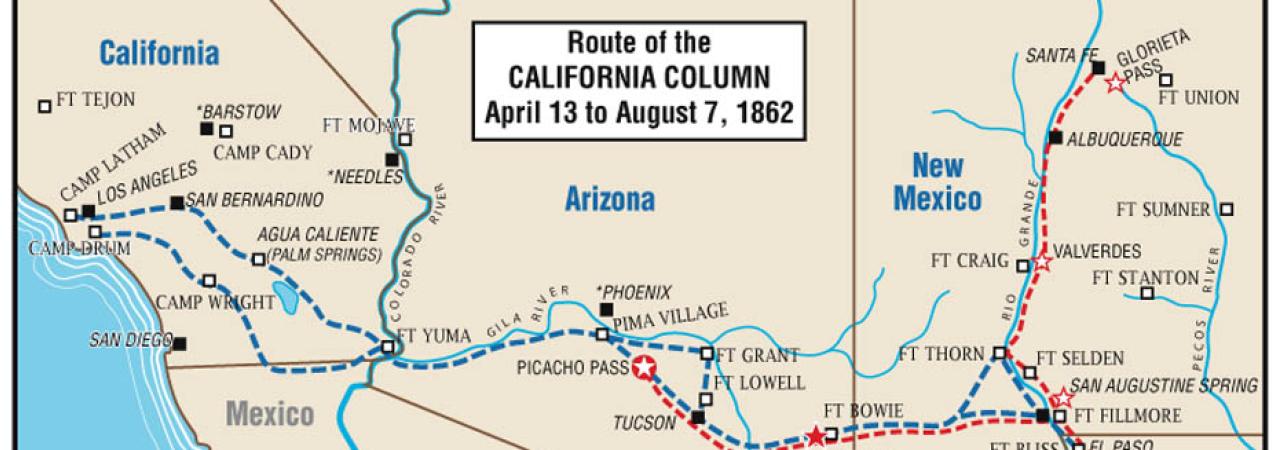 This map demonstrates the route taken by the California Column through the Arizona territory to get into Texas. 