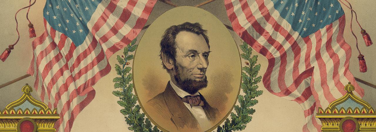 A portrait of Abraham Lincoln bordered by two American flags