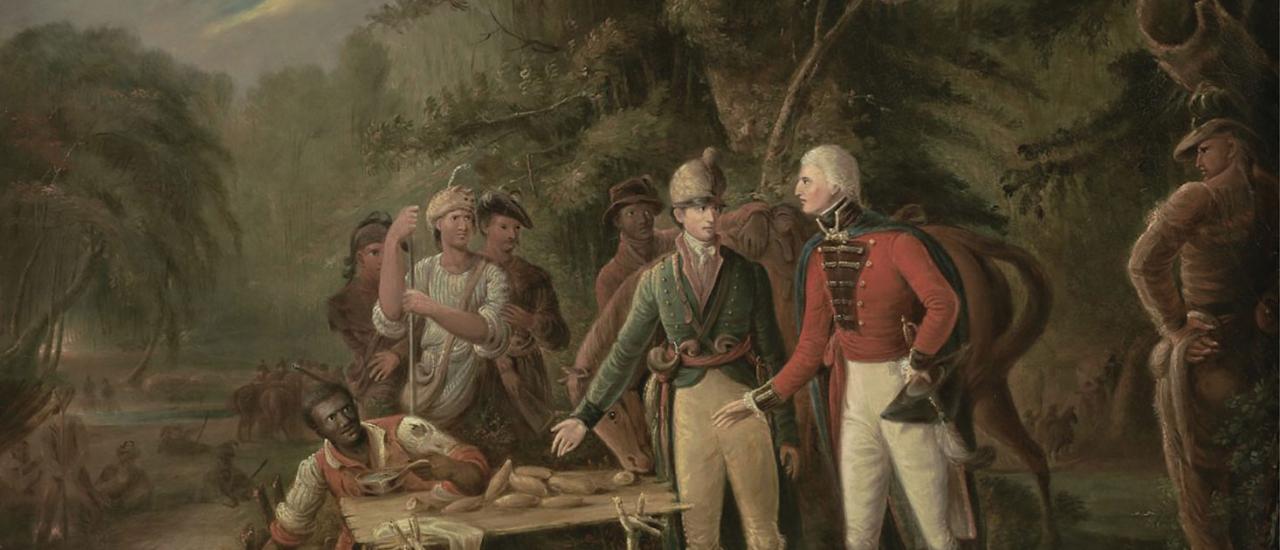 Early 19th century painting of group of men in a swampy woods with makeshift table.