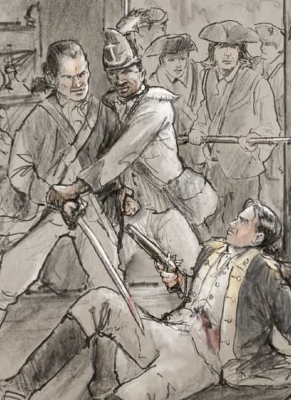 An illustration of Colonel Christopher Greene at the Battle of Pines Bridge