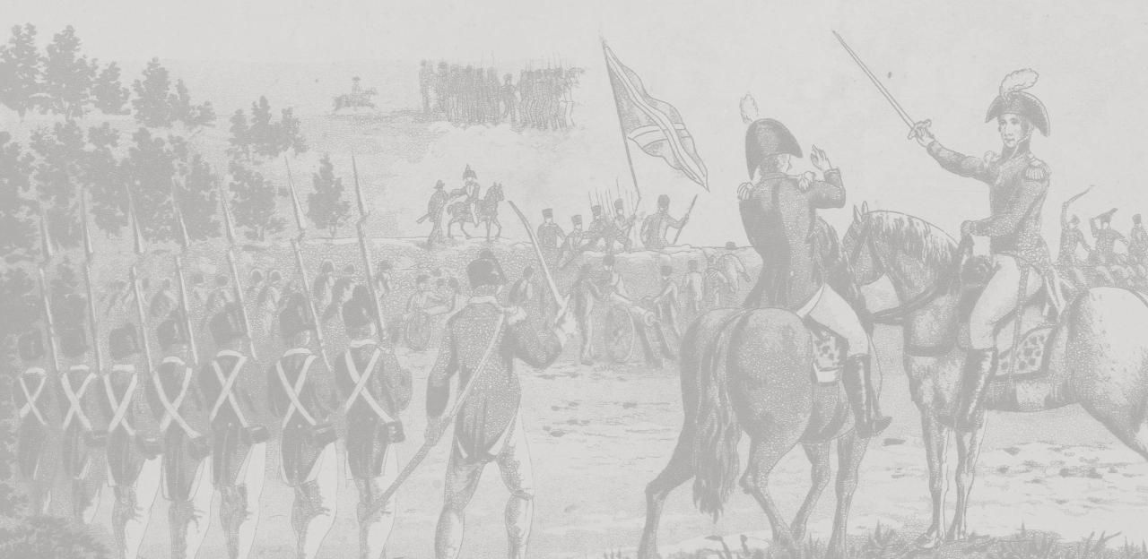 Cropped view of an engraving recolored in light greyscale tones shows General Jackson on a horse with American soldiers fighting the British in the background.