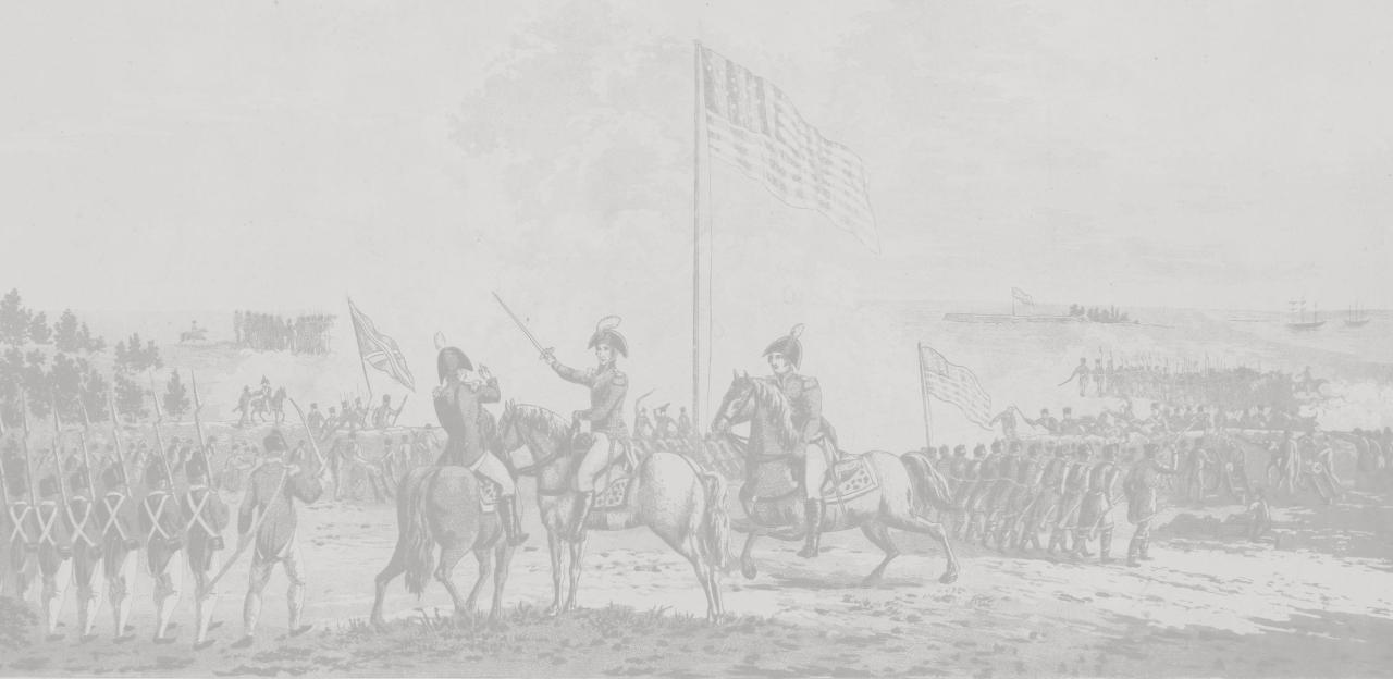 Cropped view of an engraving recolored in light greyscale tones shows General Jackson on a horse with American soldiers fighting the British in the background.