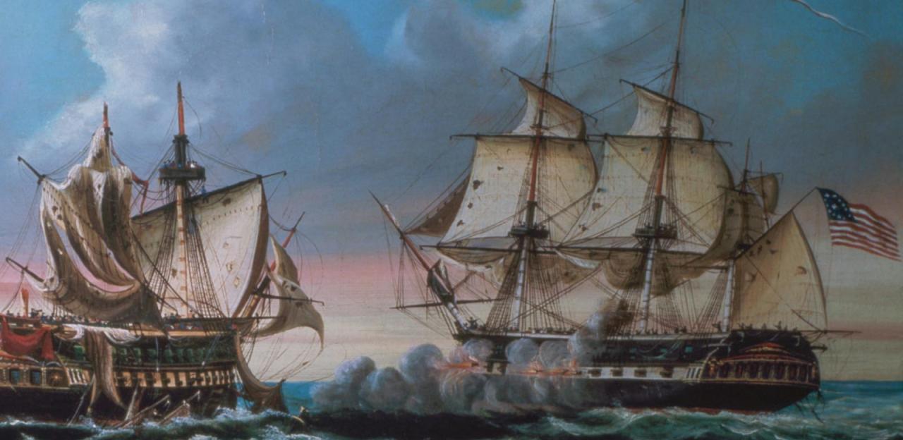 A painting of two ships engaged in battle