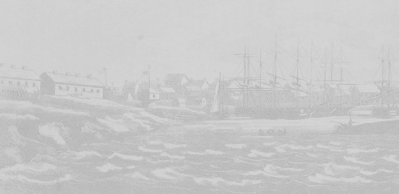 Cropped view of an engraving recolored in light greyscale tones shows Sackett Harbor during the War of 1812