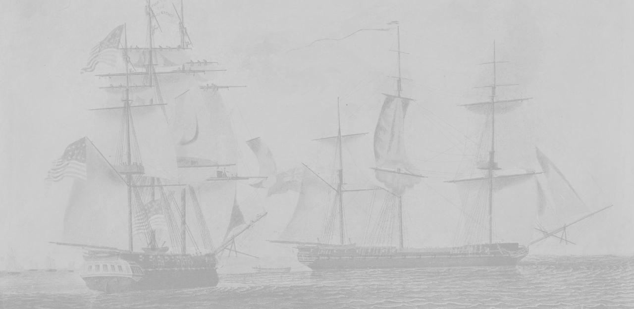 Cropped view of an engraving recolored in light greyscale tones shows the USS Chesapeake and HMS Shannon on the water