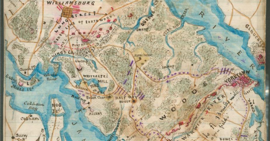 Map of country between Yorktown and Williamsburg in Virginia | American ...