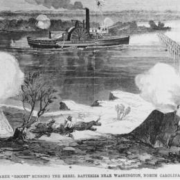 The Steamer “Escort” Running the Rebel Batteries Near Washington, North Carolina. Illustration from an 1863 edition of Harper’s Weekly.