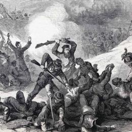 Wood engraving of confederate massacre of federal troops after the surrender at Fort Pillow