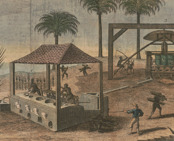 Print shows sugarcane processing, probably in the West Indies, with an overseer directing others at a press and boiling operation.