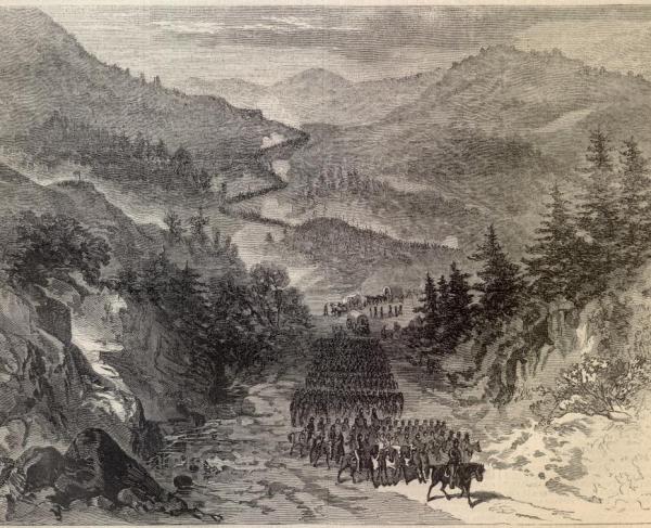 Picture shows Gen. Ambrose E. Burnside's army marching out of Cumberland Gap