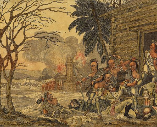 Illustration depicting violence with a cabin burning in the background