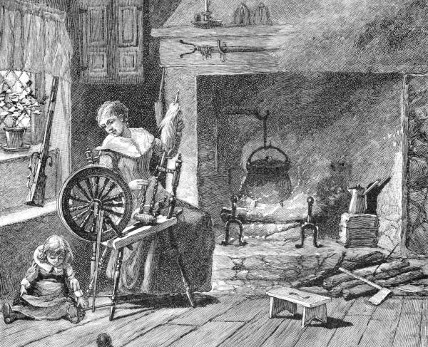 Sketch of a woman spinning in a colonial kitchen.