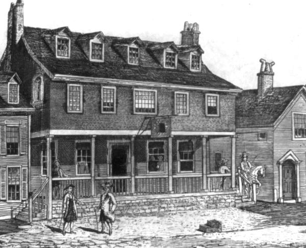 Black and white drawing of a colonial-era building with a porch on a cobble stone street on which several gentlemen stand