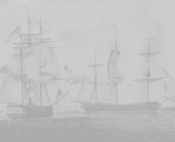 Cropped view of an engraving recolored in light greyscale tones shows the USS Chesapeake and HMS Shannon on the water