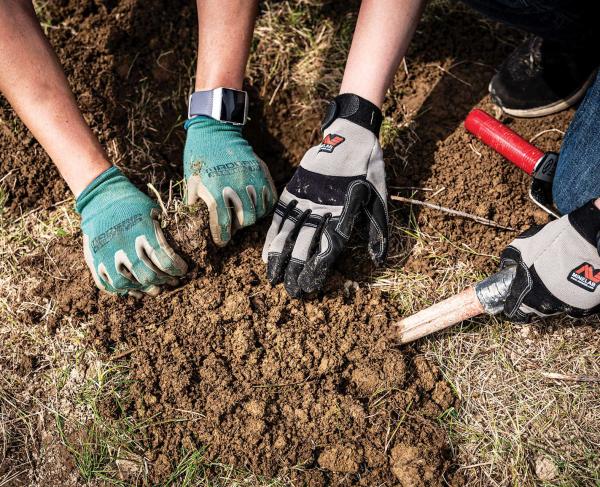 Archeologists digging in the earth with gloved hands and tools.