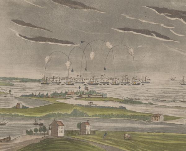 British fleet bombarding Fort McHenry, Baltimore, Maryland, during the War of 1812.