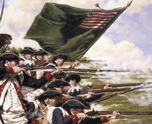 This painting depicts soldiers firing in a line at the Battle of Long Island. 