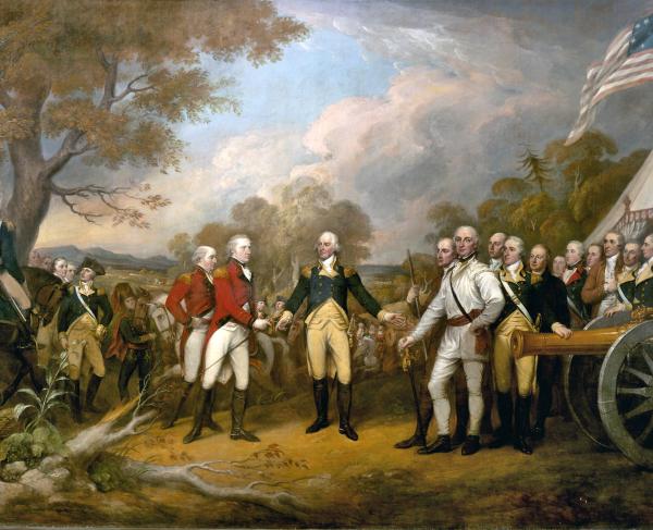 This painting portrays the surrender of General Burgoyne at an American camp at Saratoga. 