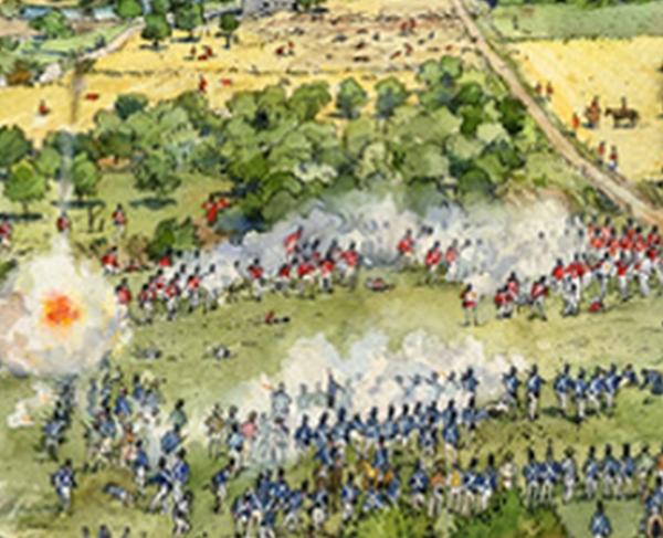 Painting of adversary armies charging towards each other at Bladensburg