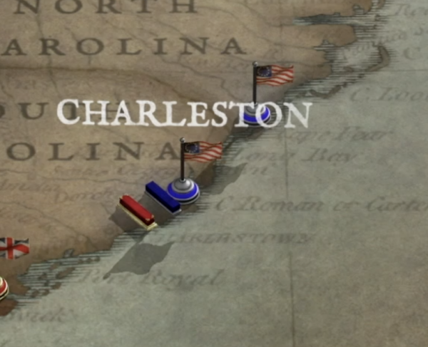 Southern campaign illustrated map focused on Charleston, SC