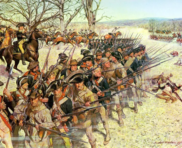 This is an image of troops and cavalries assembling at Guilford Courthouse.