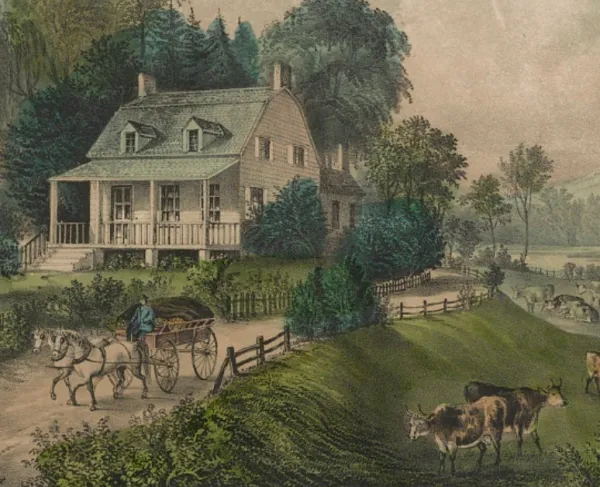 Print of a log cabin with grazing animals in the foreground.