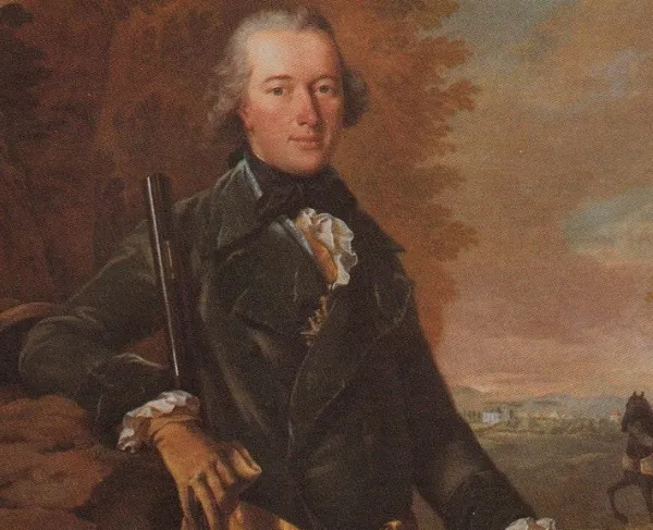 Painting of a man wearing 18th-century garb and holding a hunting rifle.