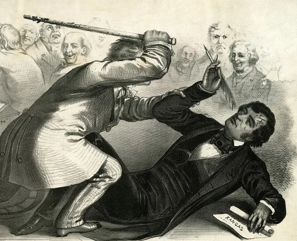 Political caricature of the caning of Charles Sumner, which occurred on May 22, 1856, depicting Sumner on the floor as Preston Brooks lunges at him in retaliation for a speech given by Sumner criticizing slaveholders.