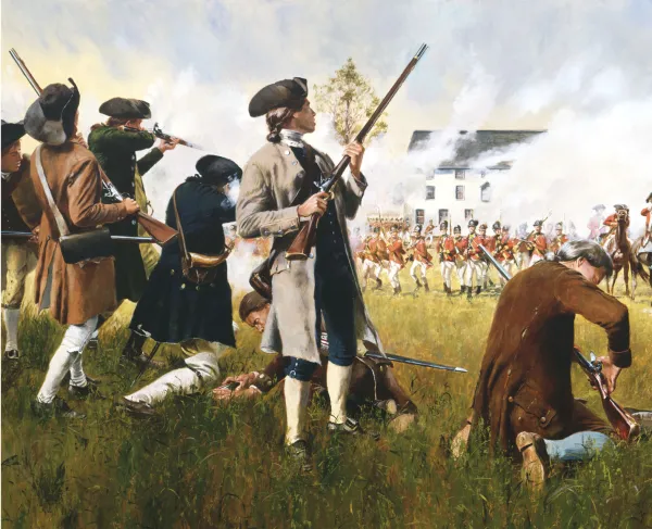 Young colonial militiamen exchange fire against British redcoats at sunrise in this painting.