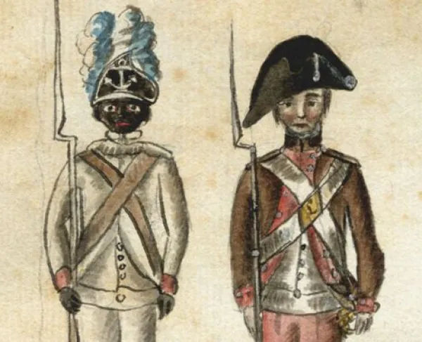 This watercolor depicts an African-American soldier of the Rhode Island Regiment, and three other soldiers in American uniforms.